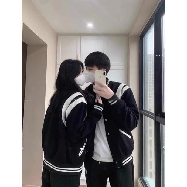 Áo Khoác Nỉ Bomber Viền Vai Phối Kẻ Sọc Trắng Unisex Nam Nữ Form Rộng Hàn Quốc Phong Cách Trẻ Trung