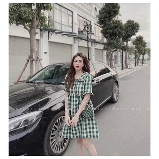 Váy kẻ babydoll cổ bèo thêu dứa