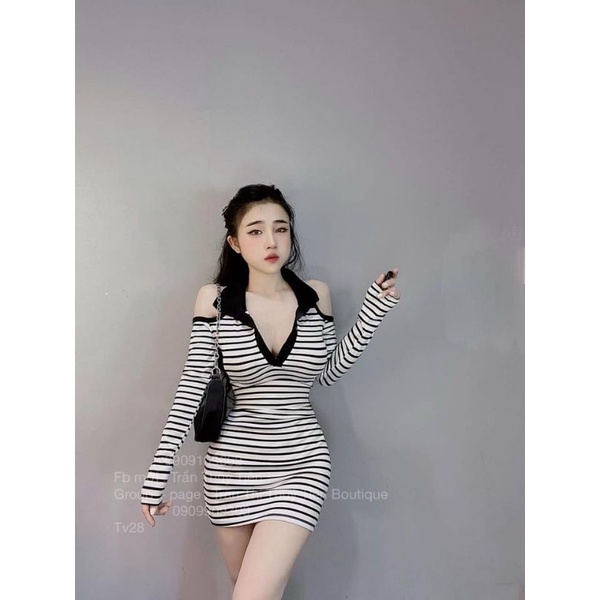Đầm Thun Ôm Body Kẻ Sọc Ngang Cổ Polo Tay Dài Khoét Hở Vai Dáng Ngắn Sexy | BigBuy360 - bigbuy360.vn
