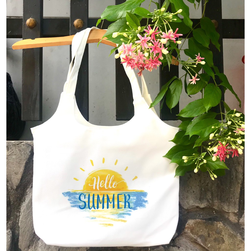 TÚI tote bầu vải canvas đeo vai hello summer_Khoá kéo