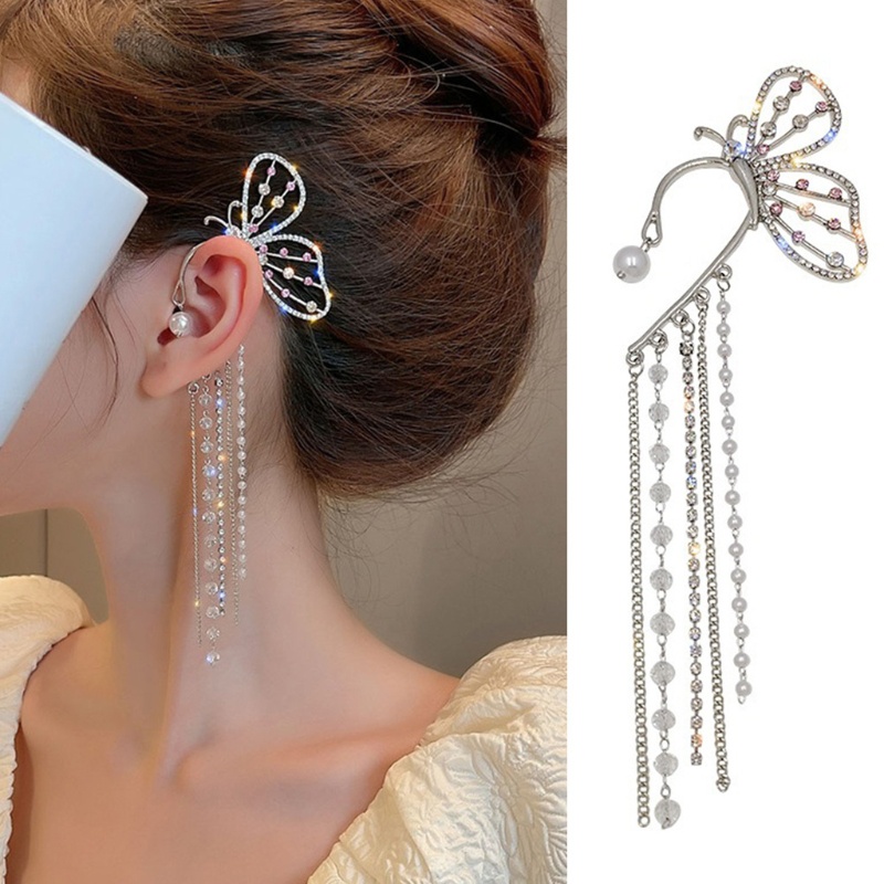 Bông Tai Hình Cánh Bướm Đính Ngọc Trai Phối Tua Rua Thời Trang Dự Tiệc