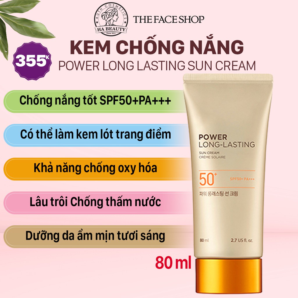 Kem chống nắng dưỡng da The Face Shop Hà Beauty trang điểm lâu trôi Natural Sun Eco Power Long Lasting SPF50+PA+++ 50ml