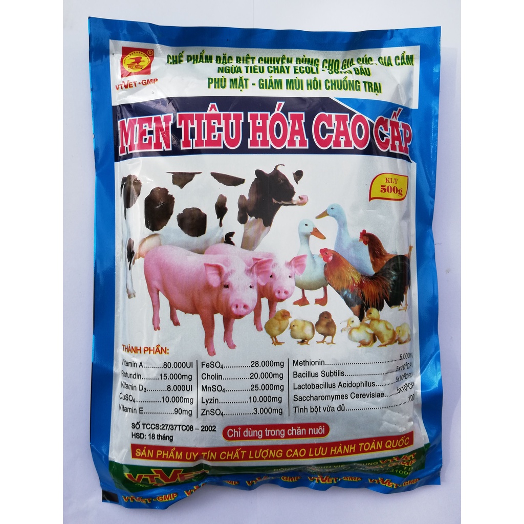 2 gói Men tiêu hóa cao cấp loại 500g  Dùng cho Gia súc, gia cầm, chó, mèo; Tổng = 1kg