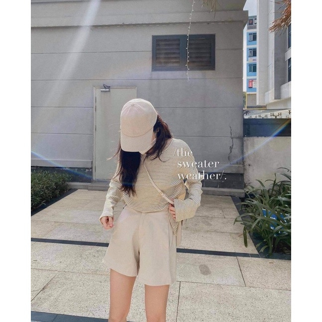 Set quần áo PHULA nữ 🌸 Set bộ áo dài tay kẻ ngang da cá và quần đùi short kaki be dành cho nữ