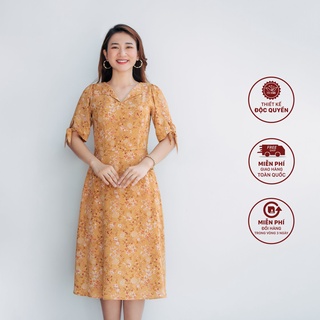 Đầm trung niên dự tiệc chữ a - Cổ bẻ tay cột nơ màu Vàng hoa - TTV1026