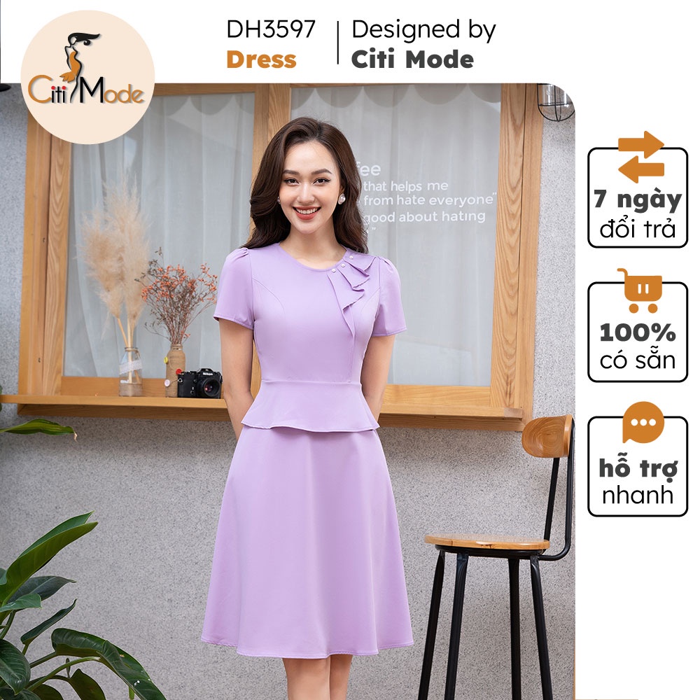 Đầm xòe peplum công sở tím CITI MODE cổ tròn phối vạt đính ngọc DH3597