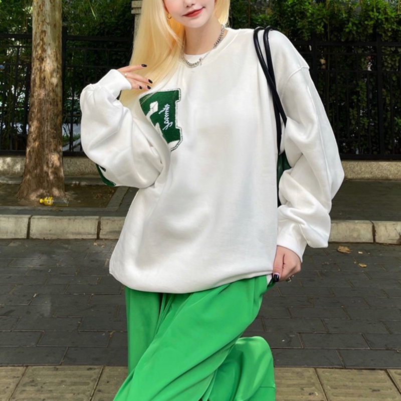 Porozi  Áo sweatshirt cổ tròn họa tiết chữ phong cách Hàn Quốc cho nữ