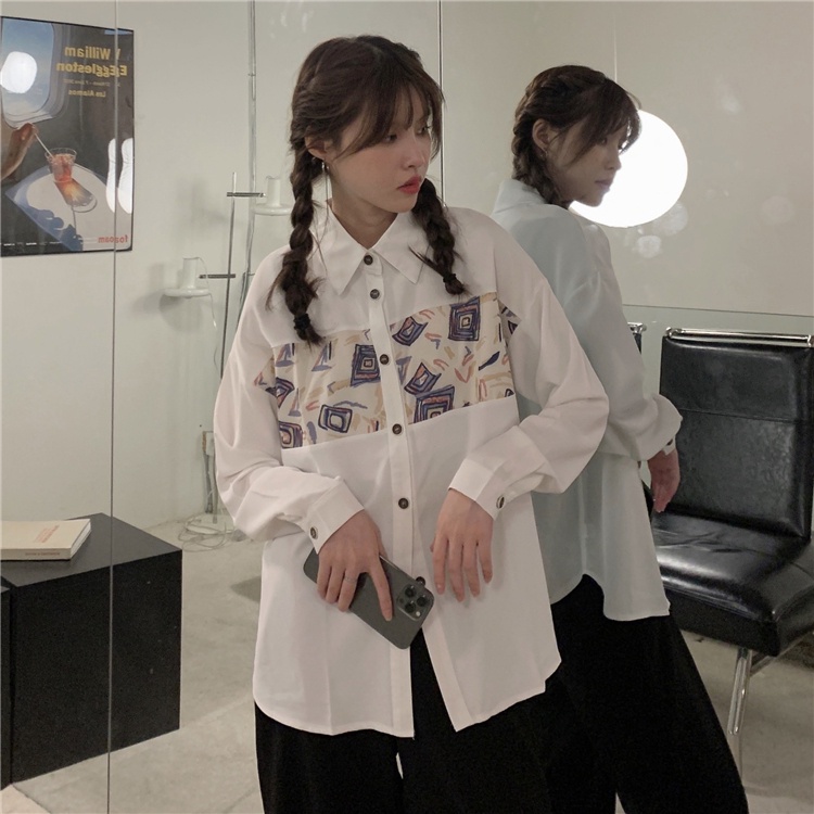 Áo Sơ Mi Dáng Rộng Họa Tiết Khối Màu Sắc Thời Trang Mùa Thu Cho Nữ