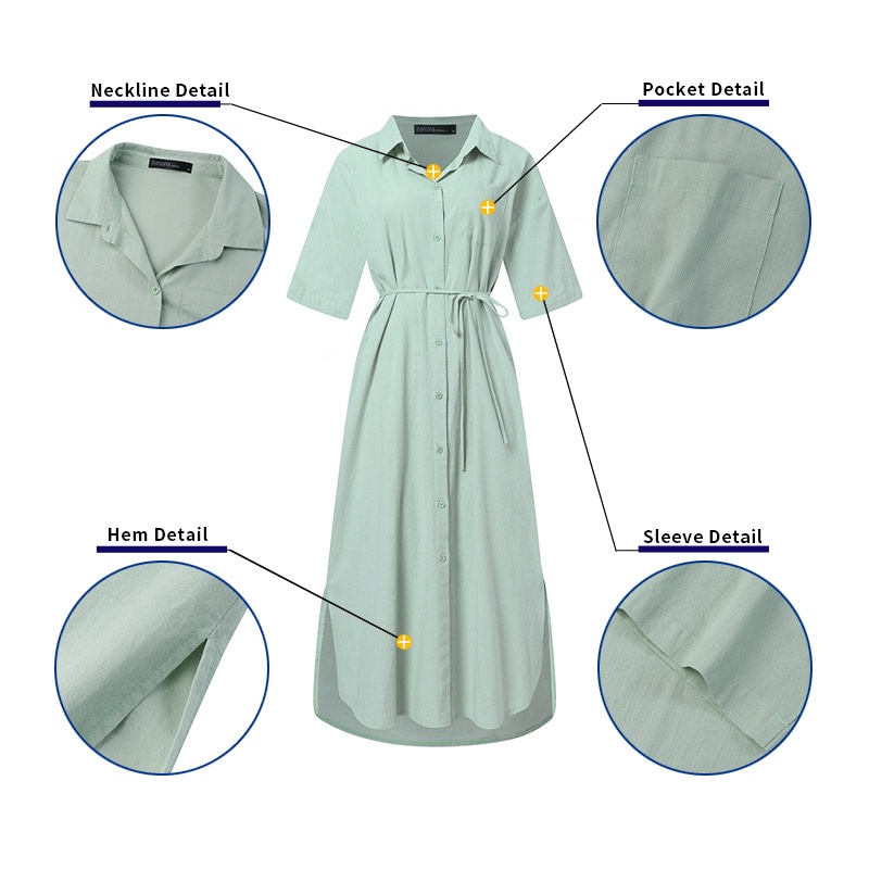 Đầm dài ZANZEA xẻ tà cổ bẻ gài nút tay lỡ thời trang cho nữ