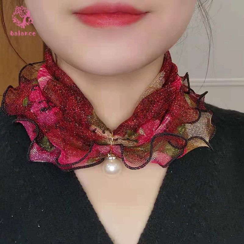 Khăn choàng cổ vải voan nhún bèo đính ngọc trai giả đa năng thời trang cho nữ