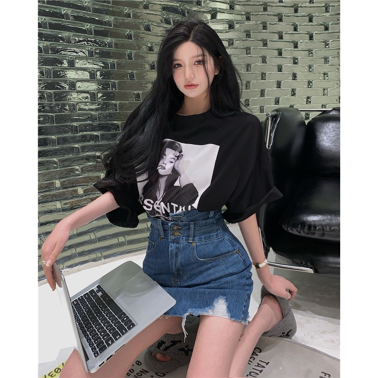 Set Áo Thun Ngắn Tay Form Rộng Và Chân Váy Denim Lưng Cao Thời Trang Mùa Hè Mới Phong Cách Hàn Quốc Cho Nữ