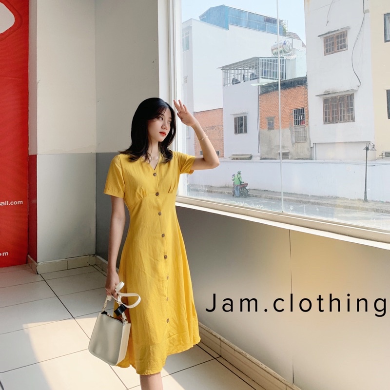 Váy Đầm Nữ Dài Phối Nút JAM Dài Qua Gối Dáng Xòe Dự Tiệc Váy Trắng Dài Vintage