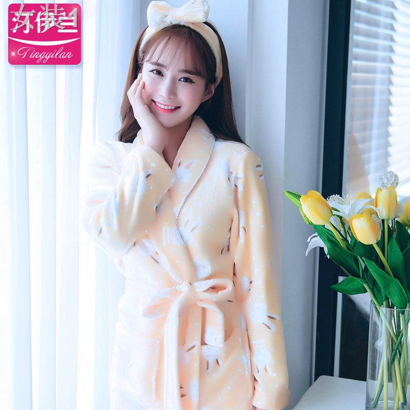 Váy ngủ phụ nữ mùa đông vải nỉ dày dặn xuân và thu bộ đồ pijama dễ thương áo choàng tắm dài tay Phiên bản Hàn | BigBuy360 - bigbuy360.vn