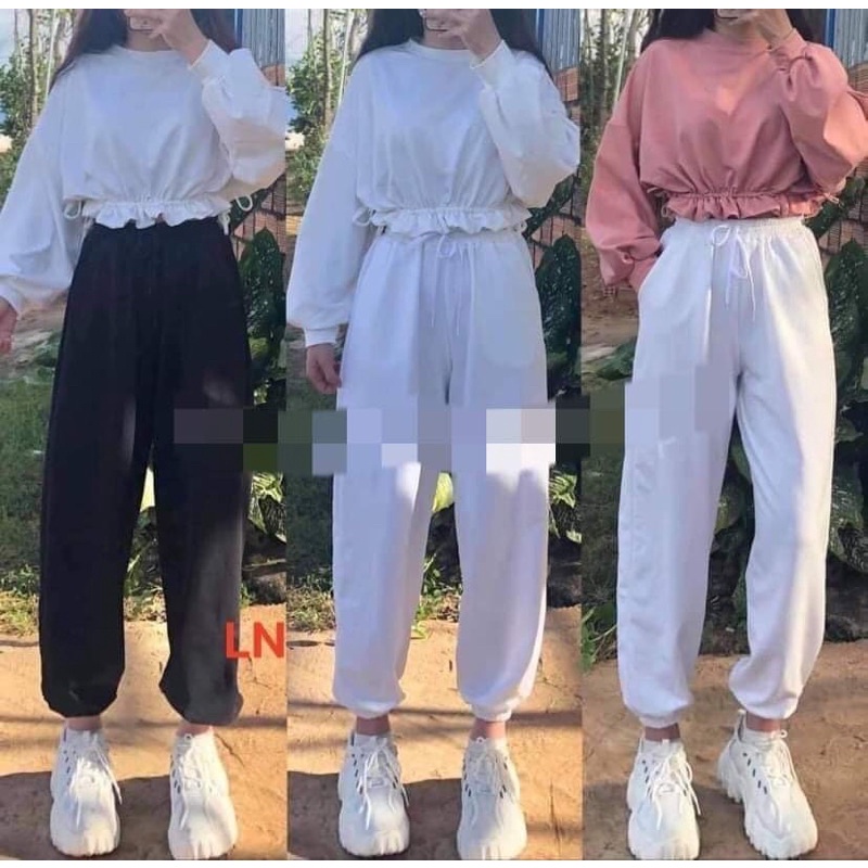 bộ thun croptop dài tay dây rút eo quần bom jogger chun gấu