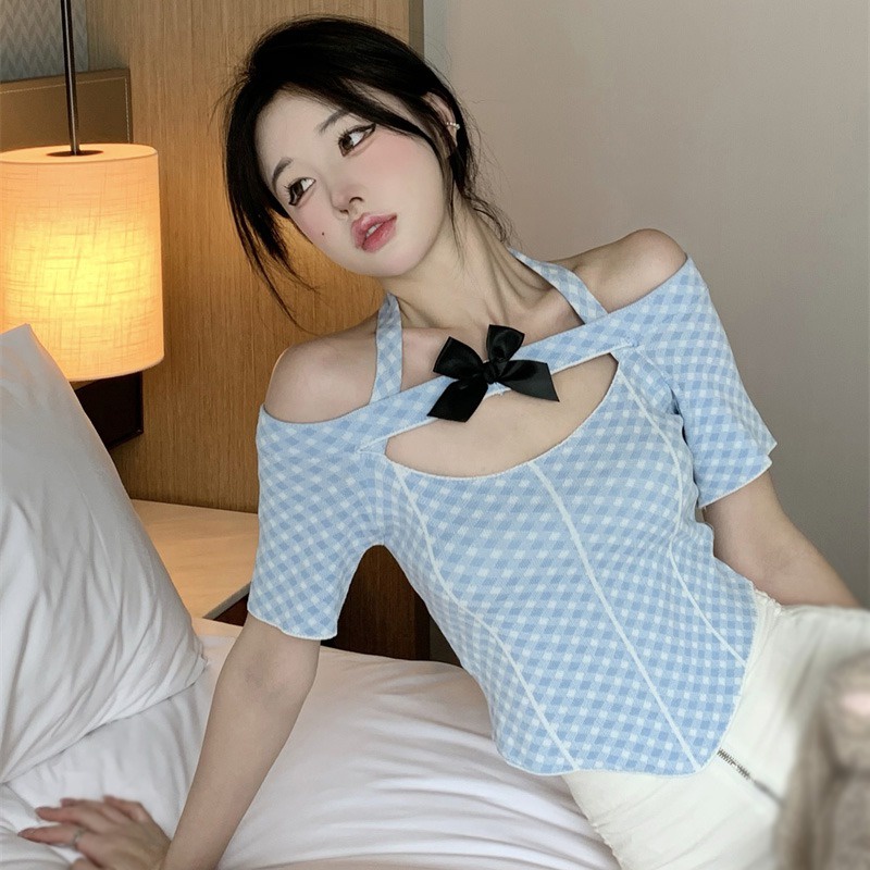 Áo Thun Croptop Tay Ngắn Cổ Yếm Cột Nơ Họa Tiết Sọc Caro Phong Cách Hàn Quốc Thời Trang Cho Nữ