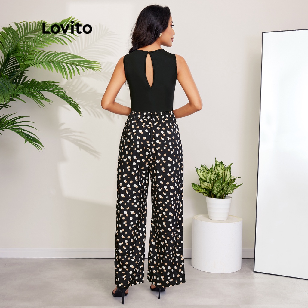 Áo liền quần Lovito hoa văn chấm bi cổ khoét lỗ không tay phong cách thanh lịch L27LD117 (màu đen)