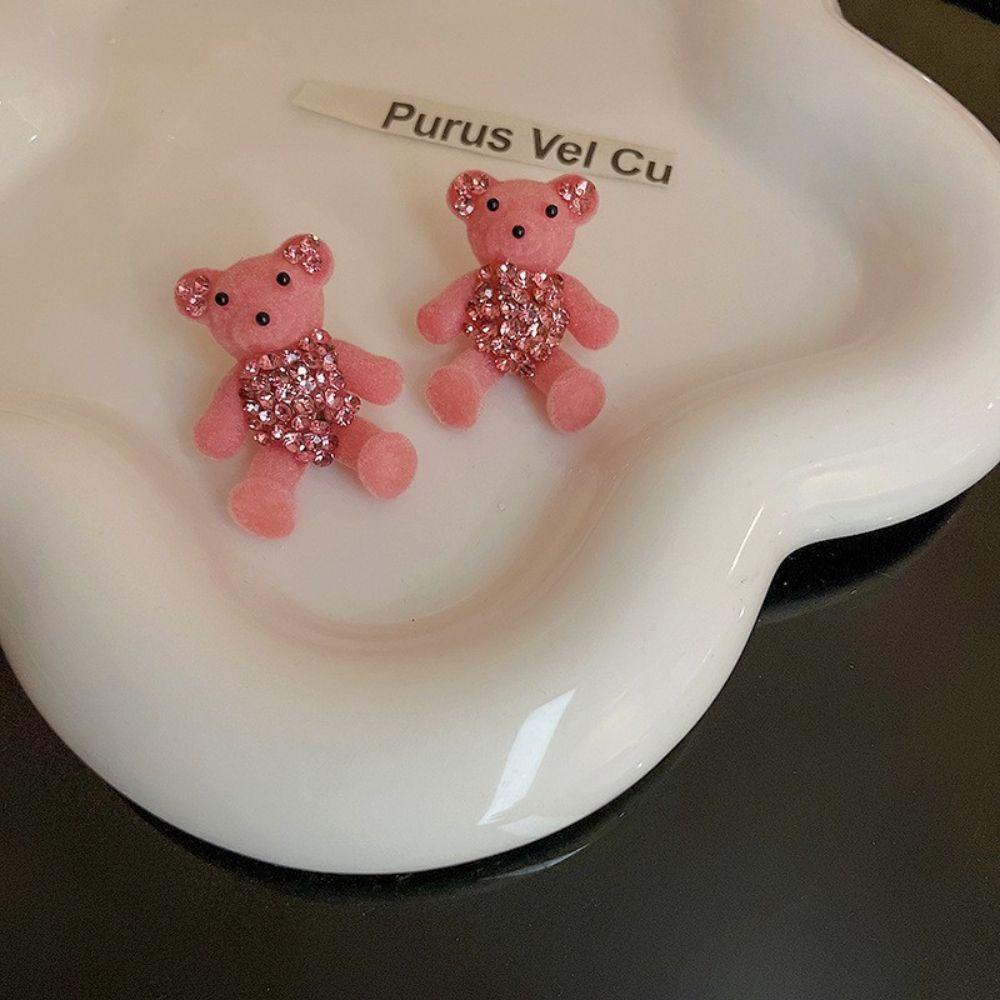 MOCHO Bộ Vòng cổ + Bông Tai Đính Đá Hình Gấu Hoạt Hình Màu Hồng