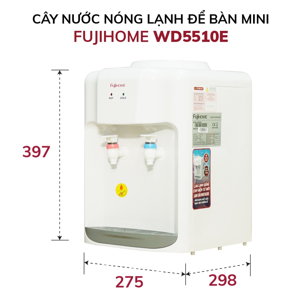 Cây nước nóng lạnh mini để bàn nhập khẩu Nhật Bản FUJIHOME WD5510E, máy nước uống nóng lạnh tự động ngắt tiết kiệm điện