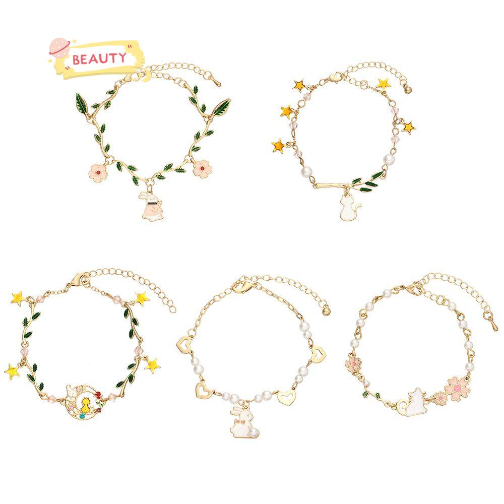 Vòng Tay Chuỗi Hạt Ngọc Trai Mặt Hình Thỏ Và Hoa Lá Dễ Thương Cho Nữ