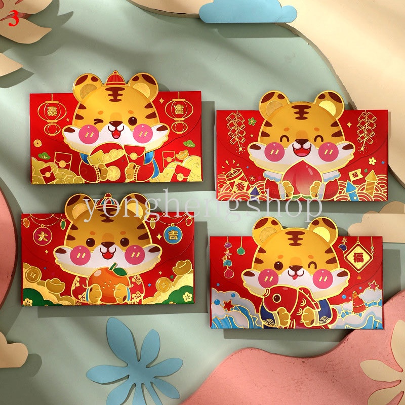 Set 4 bao lì xì năm mới họa tiết hổ hoạt hình dễ thương