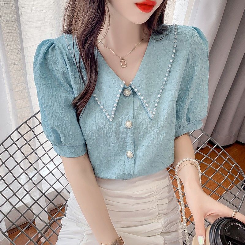 Áo Sơ Mi Vải Voan Tay Ngắn Phồng Cổ Búp Bê Thời Trang Mùa Hè Dành Cho Nữ JUQ7