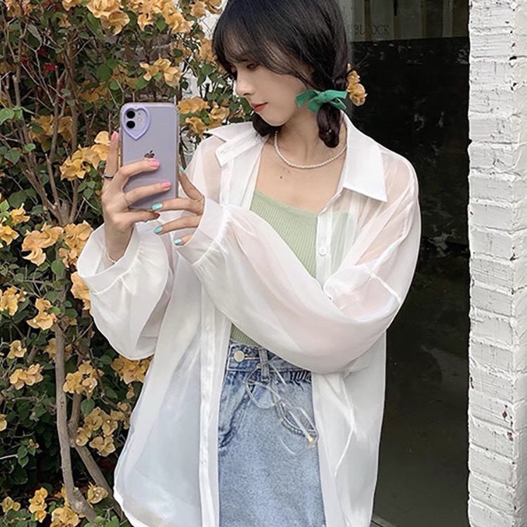 Áo Khoác Sơ Mi Chiffon Mỏng Tay Dài Màu Trơn Phong Cách Thời Trang Mùa Hè Mới Dành Cho Nữ AT1062