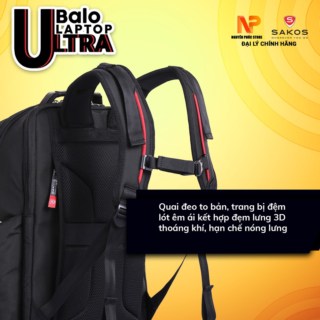 Balo laptop Sakos Ultra,chứa được laptop 17 inch,chất liệu trượt nước - bảo hành chính hãng toàn quốc