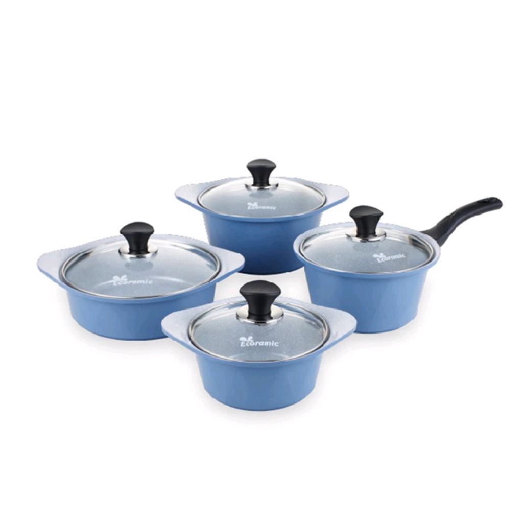 Bộ 4 Nồi Đá Đáy Từ Và GAS V-Line Ecoramic Hàn Quốc Size 18-20-22-24 Cm | Đúc Nguyên Khối | Cam Kết Chính Hãng