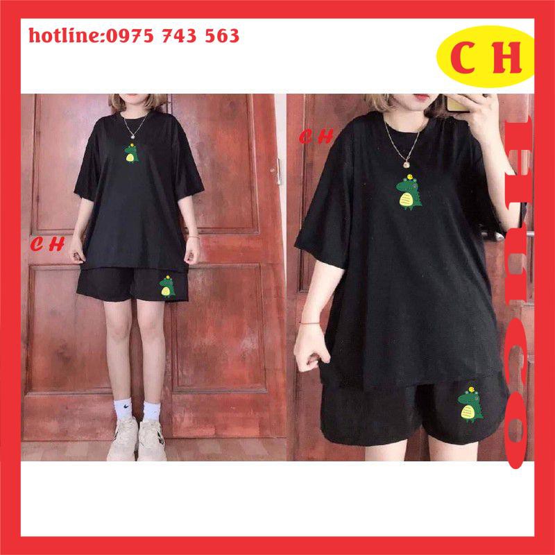 áo thun, phông hè ngắn tay khủng long đội gà cotton + quần đùi ống rộng logo, sét đồ bộ nam nữ unisex freesize nam nữ