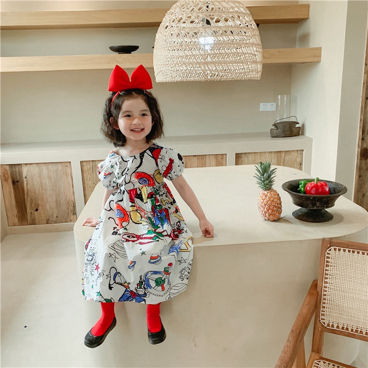 Đầm   tay ngắn hở lưng họa tiết graffiti thời trang mùa hè cho bé gái 1-6 tuổi