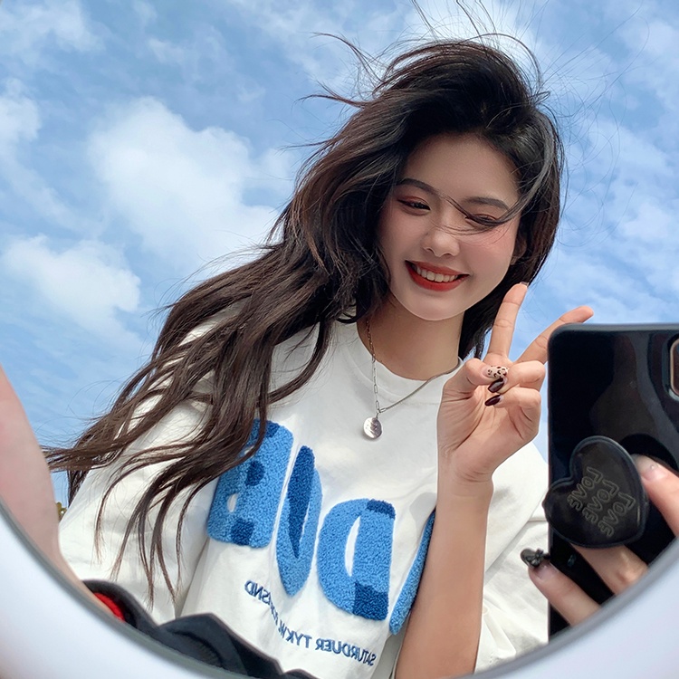 Porozi Áo thun  cổ tròn thêu chữ phong cách Hàn Quốc cho nữ