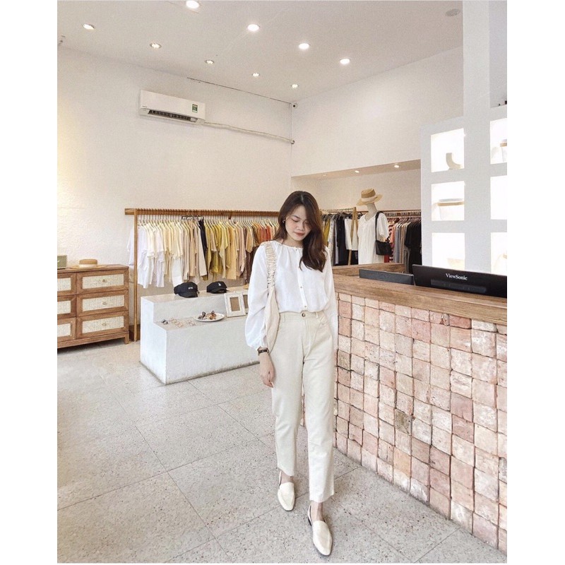 Set áo nút vintage kèm quần suông kaki