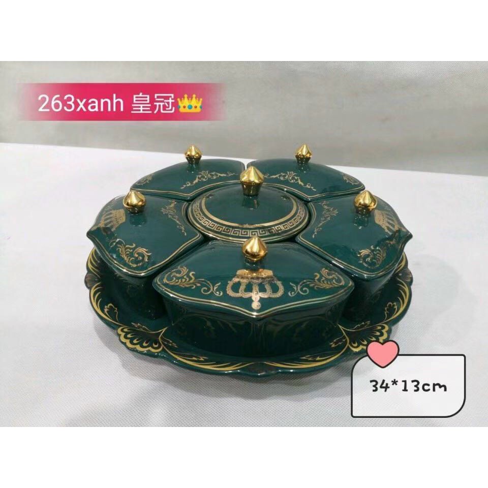 BỘ 6 KHAY ĐỰNG MỨT TẾT 181 CAO CẤP HOÀNG GIA MEN NGỌC XANH