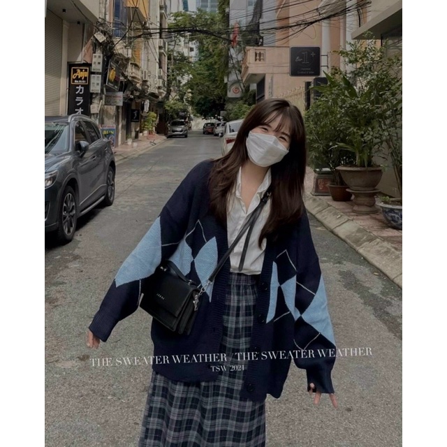 Cardigan hàn quốc phối caro form rộng