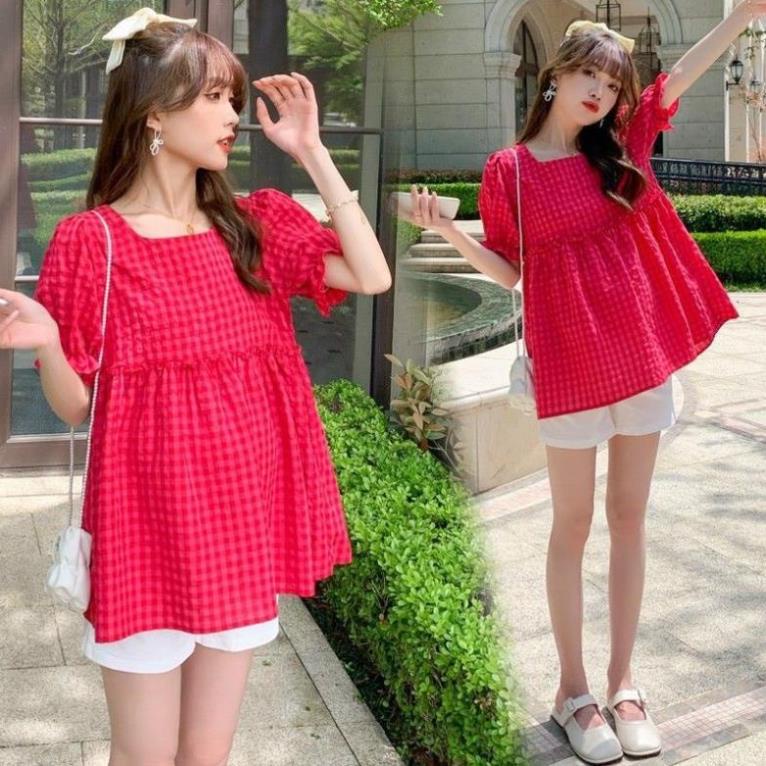 Bộ Đồ bầu babydoll kẻ hồng trẻ trung xinh xắn