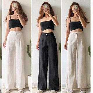Quần culottes ống rộng vải đũi  hàn dáng dài siêu Hot