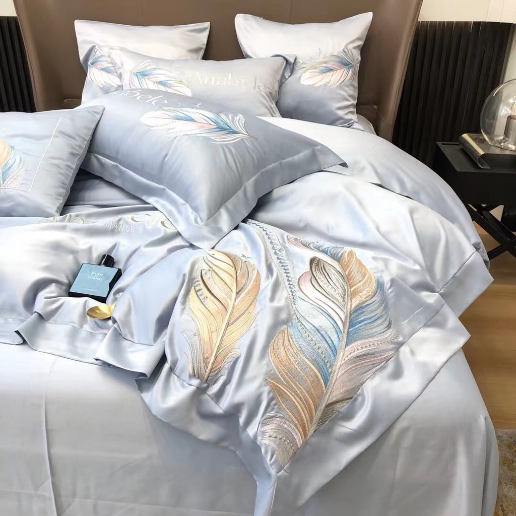 Bộ chăn ga gối lụa silk thêu long vũ cao cấp- Chất lụa silk mềm mượt không nhăn,họa tiết thêu sắc nét