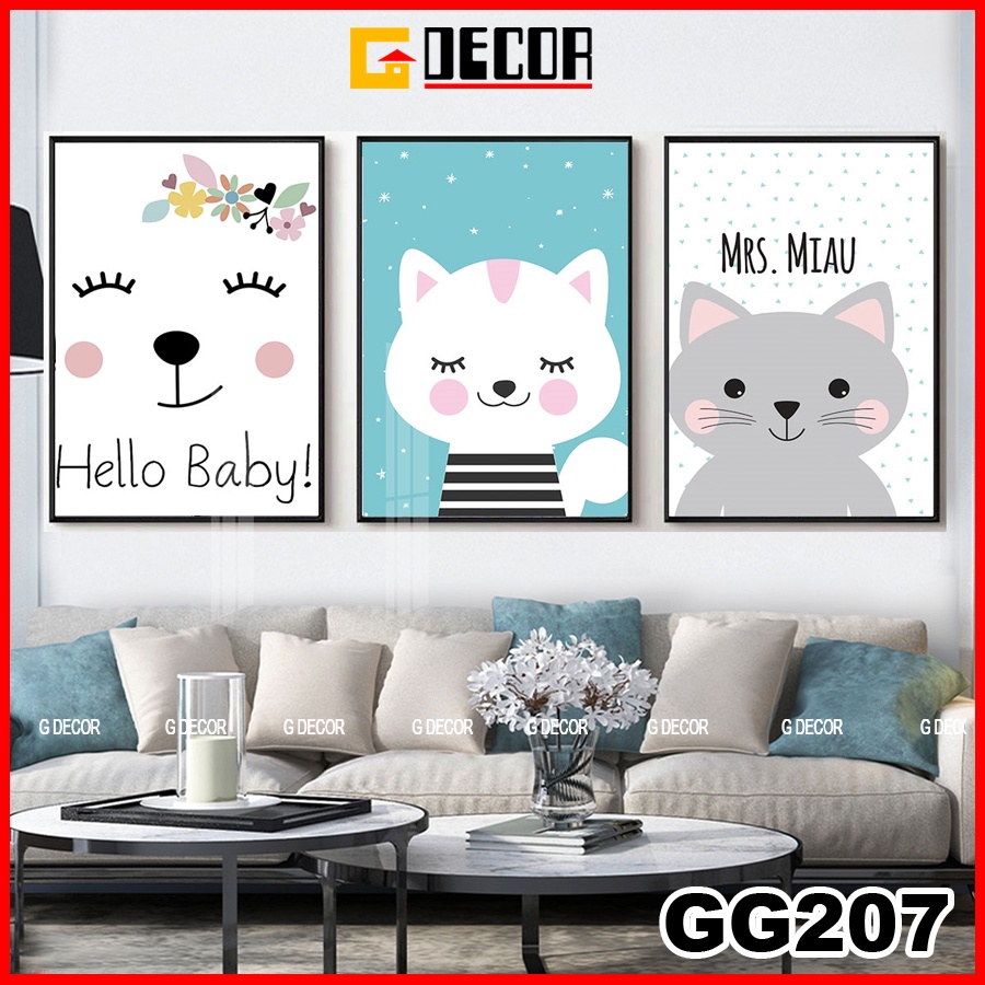 Tranh treo tường canvas khung gỗ 3 bức phong cách hiện đại Bắc Âu 207, tranh hoạt hình trang trí phòng khách, phòng ngủ