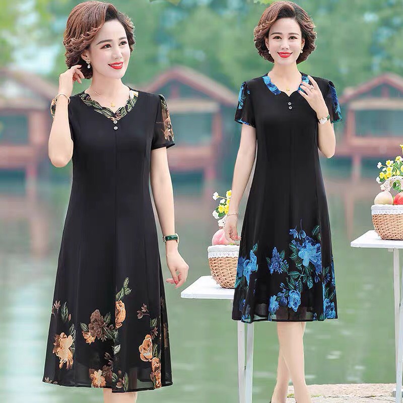 Váy Đầm trung niên nữ cho mẹ phối hoa cao cấp  - Áo đầm thời trang dự tiệc dạ hội sang trọng cho người lớn tuổi U40
