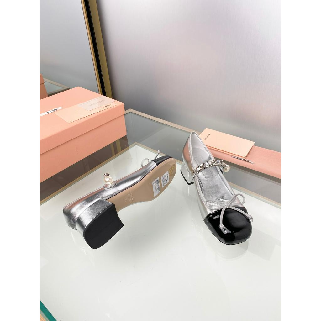 Giày búp bê gót vuông thời trang cao cấp thương hiệu Miu Miu thiết kế dáng tiểu thư, nữ tính