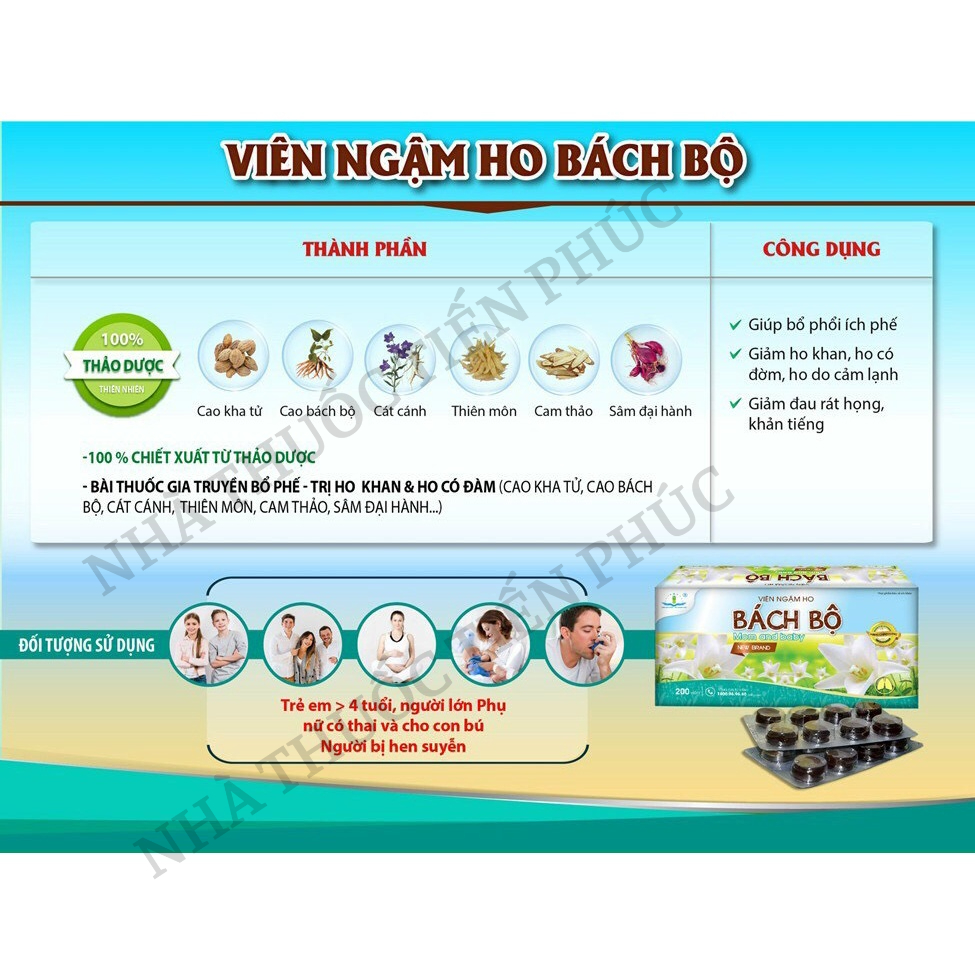 Viên ngậm ho BÁCH BỘ mom and baby giúp bổ phế, tiêu đờm, giảm ho, giảm đau họng, rát họng, ho khan