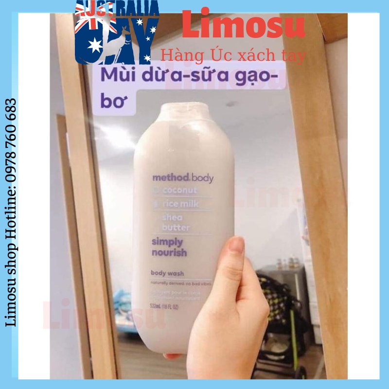 Sữa tắm Method Body 100% từ thiên nhiên dưỡng ẩm trắng da Úc 535ml