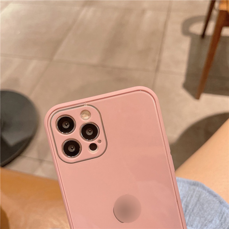 Ốp Điện Thoại Mặt Kính Viền Vuông Màu Trơn Đơn Giản Cho IPhone 13 12 11 Pro Max XS Max XR X 8 7 Plus