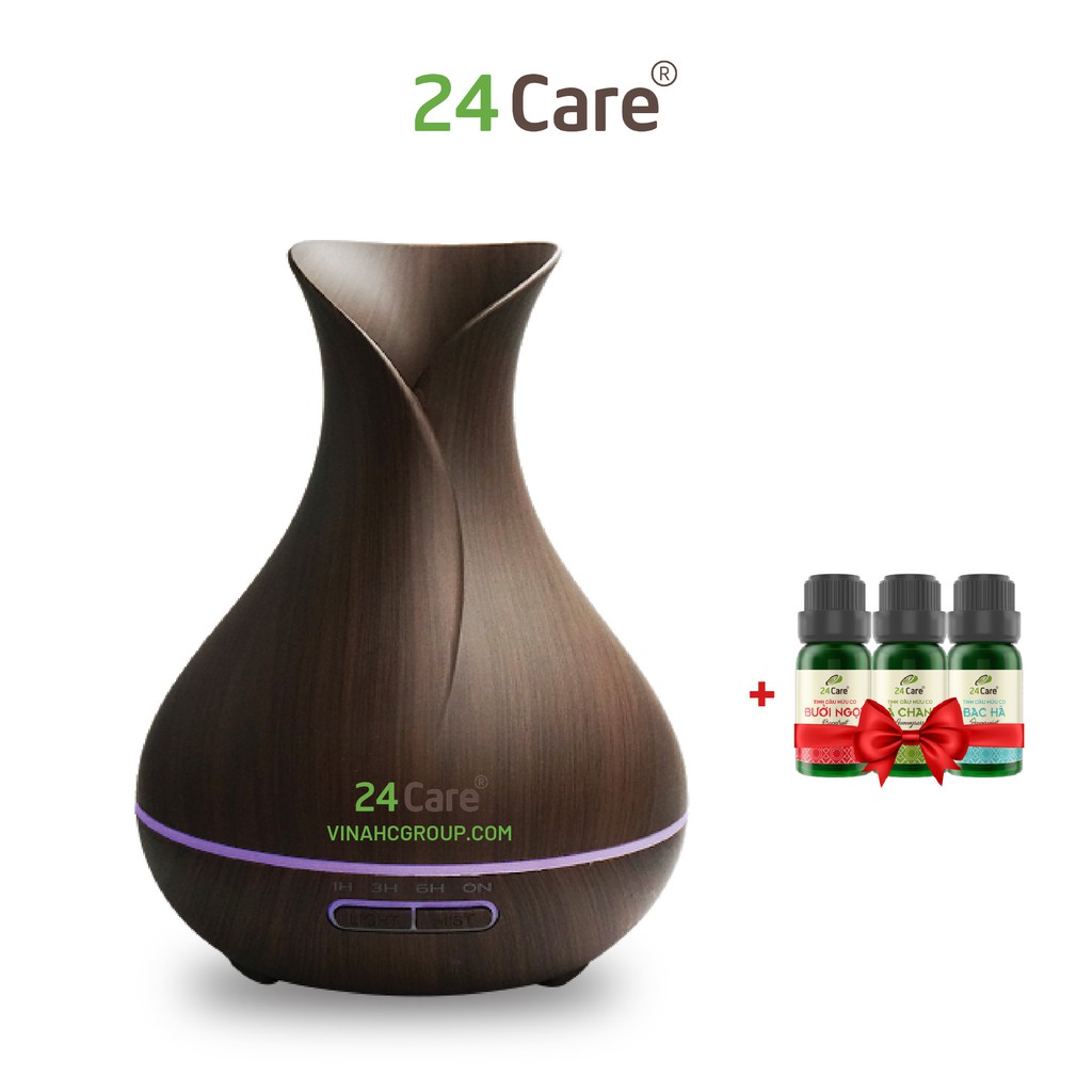 Máy khuếch tán tinh dầu 24Care hình Tulip màu đen dung tích 500ml có đèn 7 màu thay thế đèn ngủ