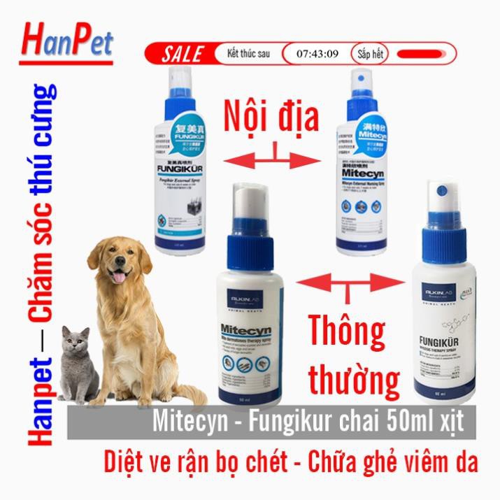 Hanpet.GV- Alkin Mitecyn &amp; Fungikur xịt ve rận, hỗ trợ viêm da tổng hợp thú cưng và ghẻ ngứa do ve rận chó mèo thú cưng