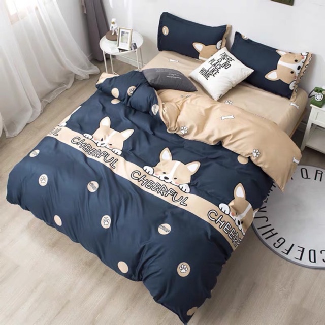Chăn ga gối Emmibedding chất liệu cotton poly họa tiết chó cheful đáng yêu đủ size miễn phí bo chun