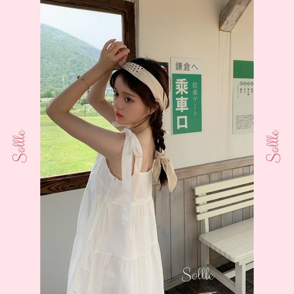 Đầm váy maxi nữ 2 dây thắt nơ vai 3 tầng babydoll trắng xanh trơn dáng dài đi biển Hàn Quốc Sollle
