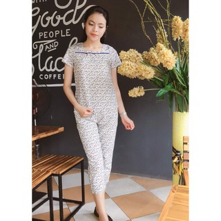 [XẢ HÀNG] Bộ mặc nhà lửng cổ vuông hoa nhí xanh