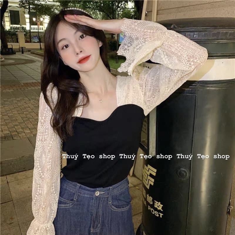 [Hàng sẵn] Áo kiểu tiểu thư thun tăm phối tay ren xoè ullzang