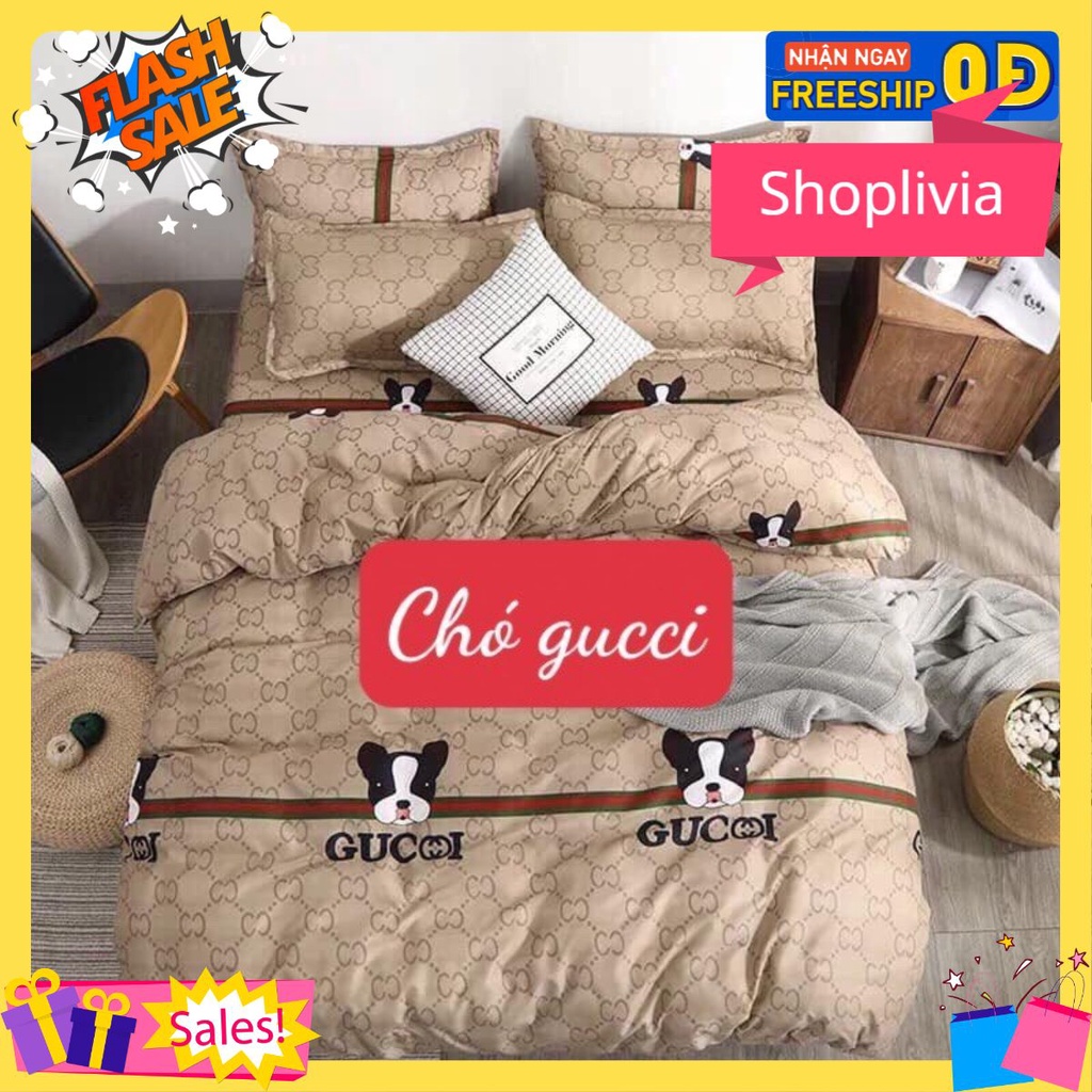 Bộ Ga Gối Poly 1m6x2m,sẵn hàng kho hcm-shoplivia, MẪU CHÓ XÁM
